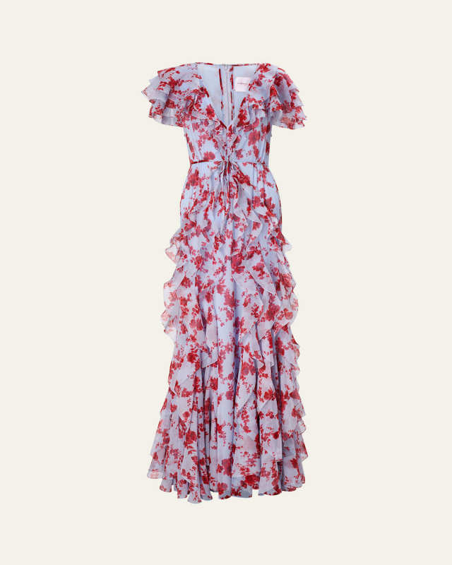 Plunging Ruffle Short-Sleeve Silk Gown